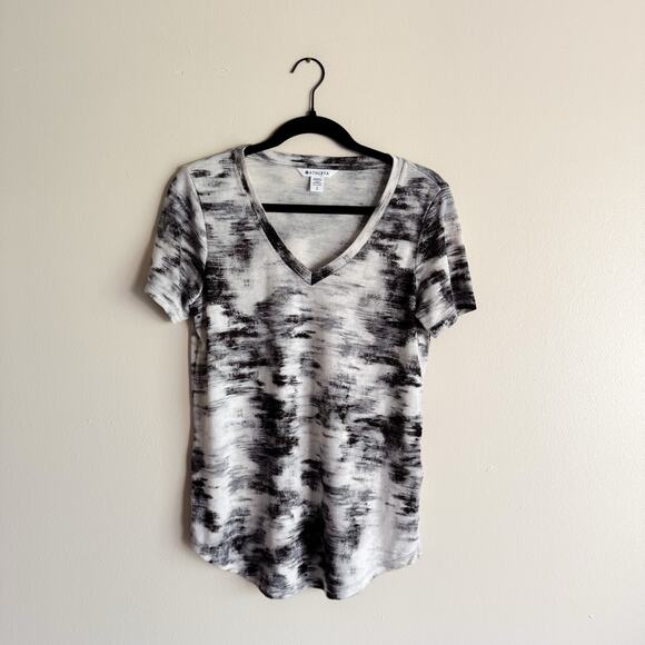 Athleta Black + White Abstract Striping Breezy Scoop V Neck Tee - Small - Picture 2 of 9